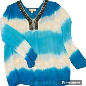 Michael Kors Tunic Blouse Turquoise & white v-neck, rhinestone size 14 Preowned
